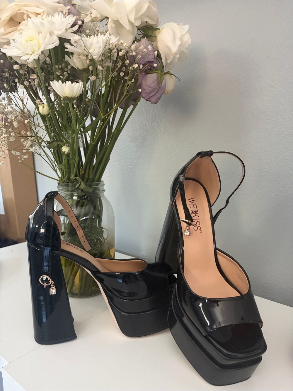 Kiss Black Patent Platform Sandals with Ankle Strap